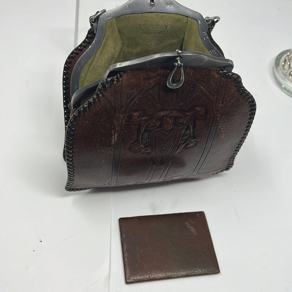 Vintage 1920’s Hand Tooled Brown Leather Purse Metal Snap Frame Closure - Picture 11 of 16